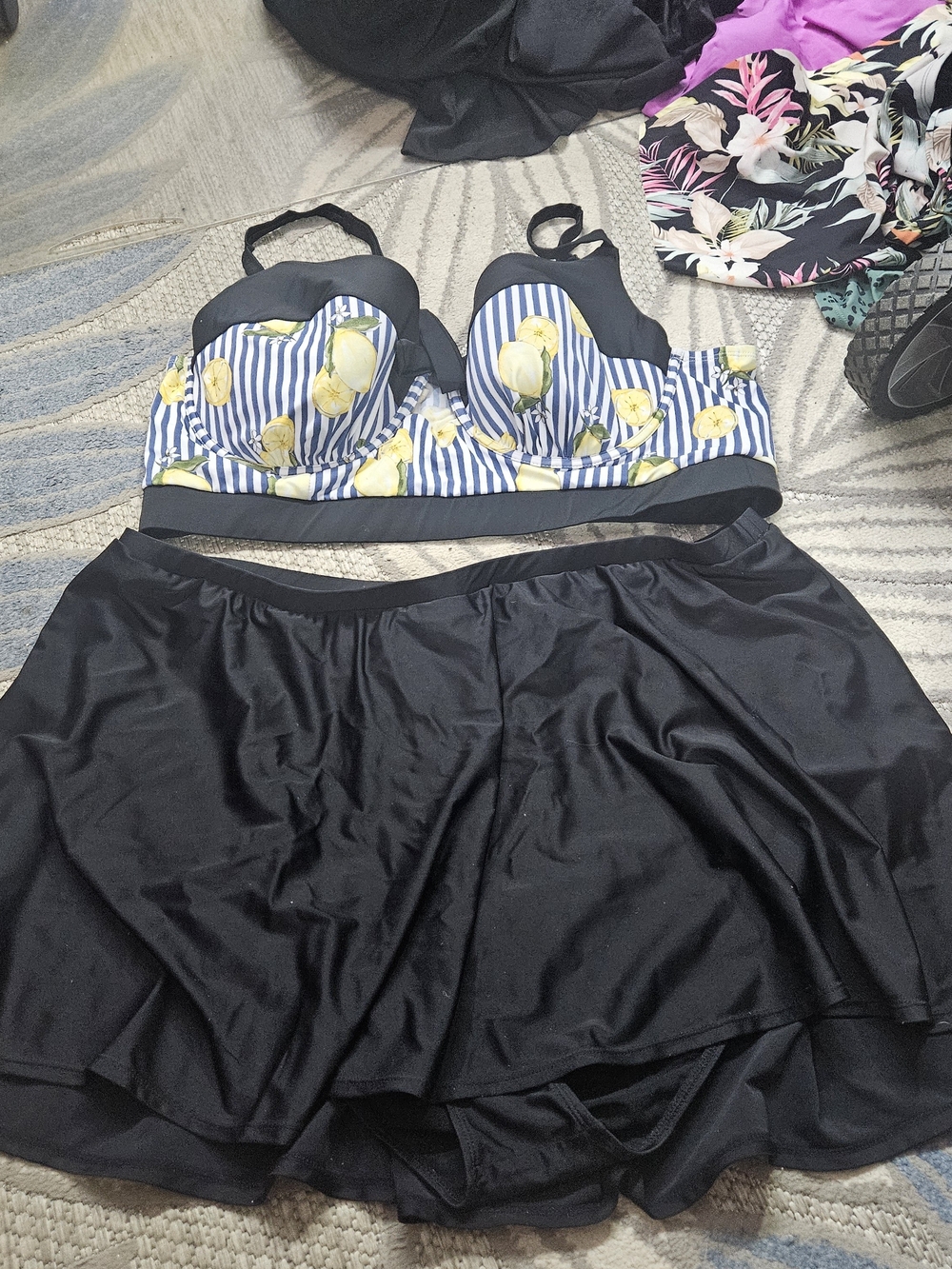 Striped Lemon Bikini Top with Black Swim Skirt